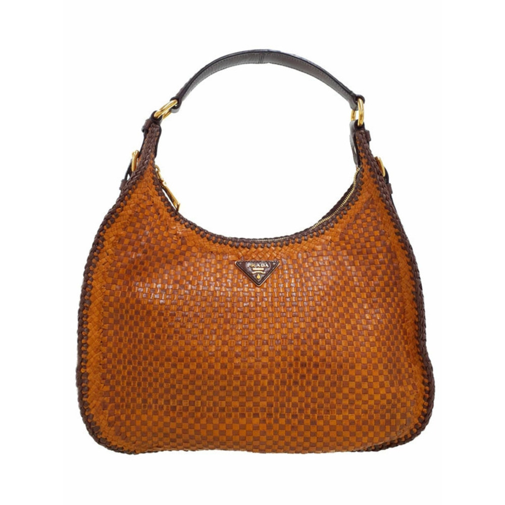 Prada Madras woven hobo shoulder bag brown leather